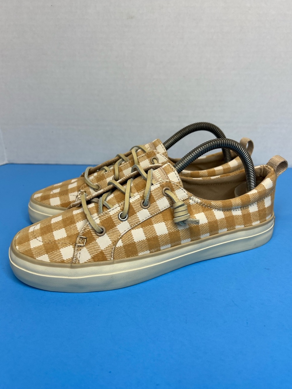 Sperry Crest Vibe Faux Suede Gingham Tan/White Womens 8.5M Like New, No Box.